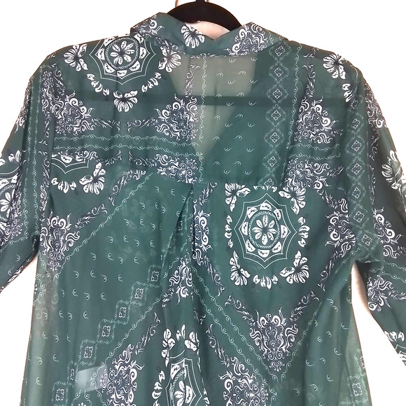 Soncy Semi Sheer High Low Waterfall Blouse Size 0 (12) in Green w/ White Print - Picture 9 of 14